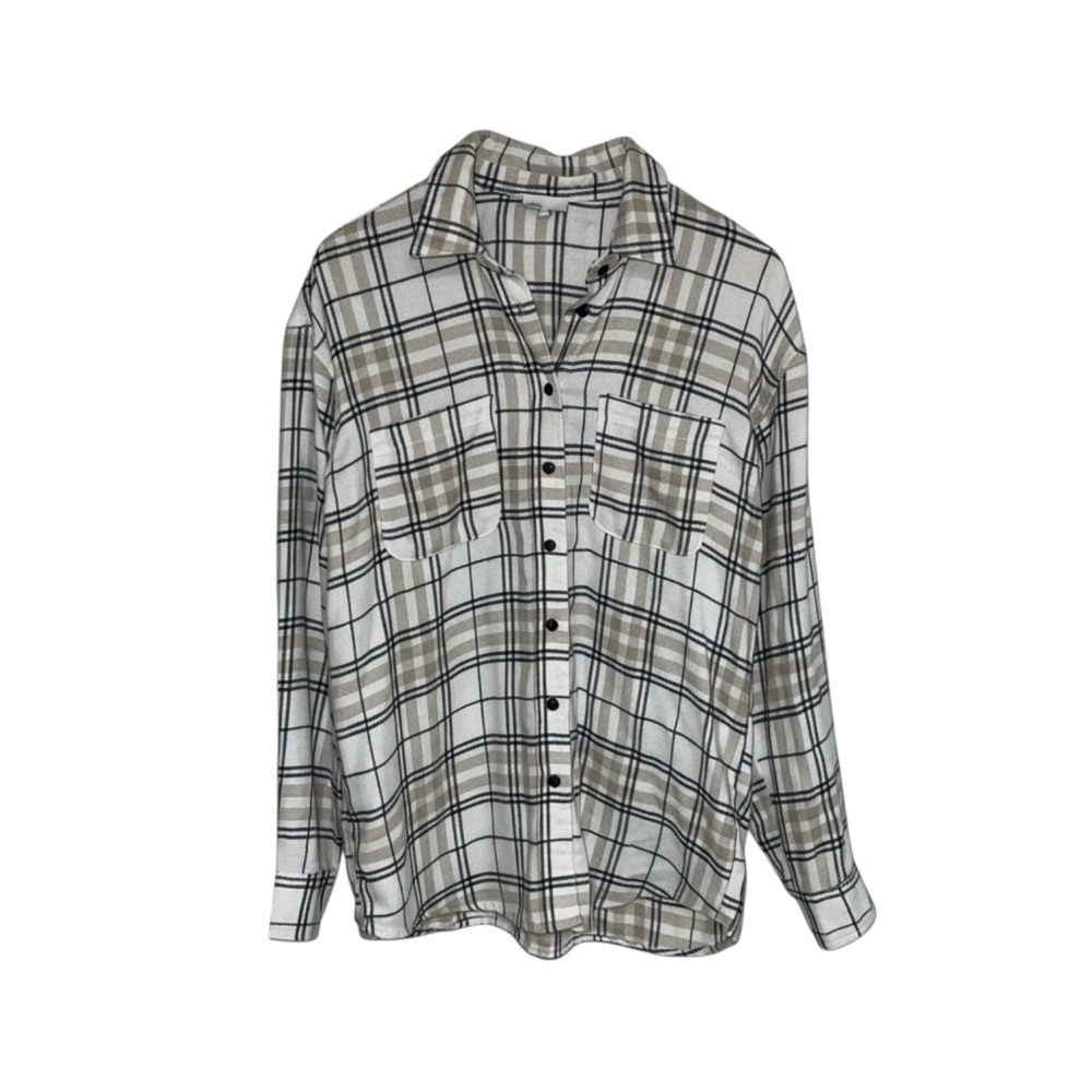 Defrost Plaid Flannel Shirt Women’s Medium White Tan Black Button-Up Long Sleeve